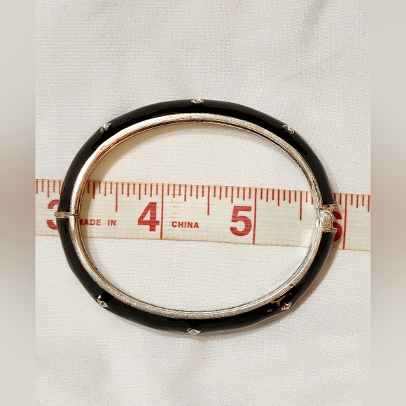 2 Hinge Bangle Bracelets Black Enamel w/Crystals & Bamboo Silvertone w/Crystals - Picture 8 of 13